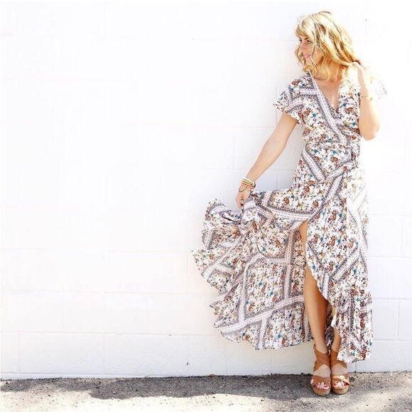 Lulus Playing Fleur Keeps Ivory Floral Bohemian Print Wrap Maxi Dress Sz. Small - Picture 4 of 16